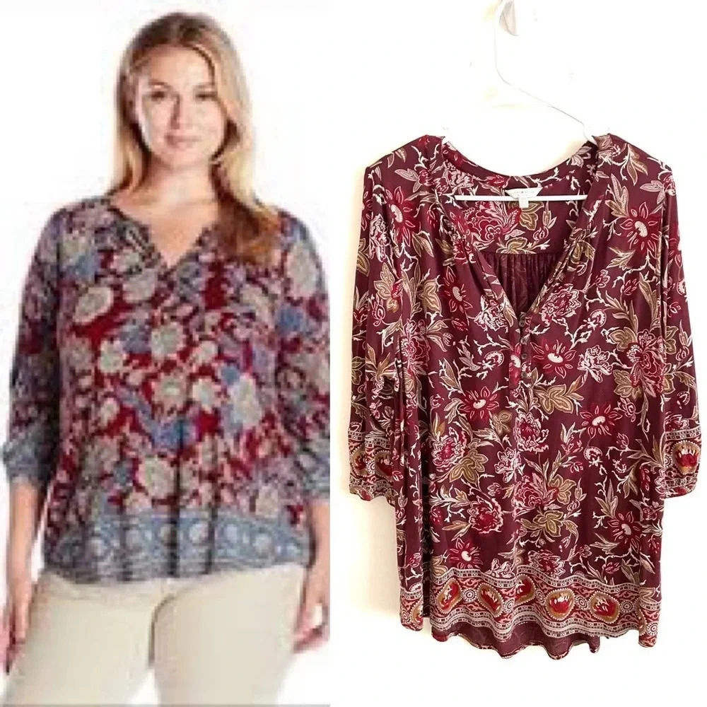lucky brand boho peplum floral peasant print red blouse 1X